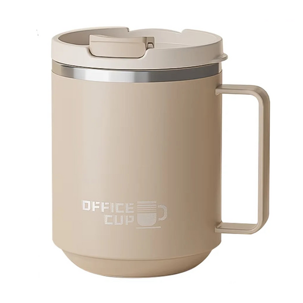 Arbora Casa double-wall insulated coffee mug with a sleek stainless steel design and a black handle for hot beverages.