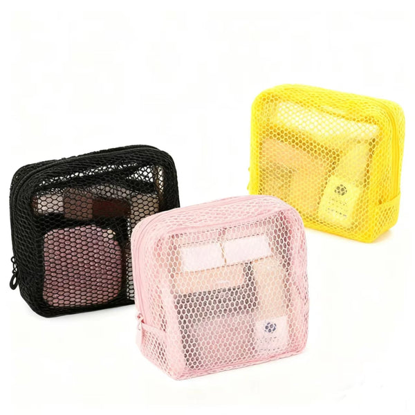 Square mesh cosmetic bag by Arbora Casa with transparent grid design and zipper closure for travel and storage.