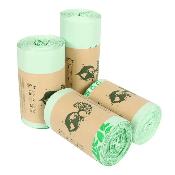 Set of 50 biodegradable trash bags by Arbora Casa, showing eco-friendly trash bags in various sizes for household waste.