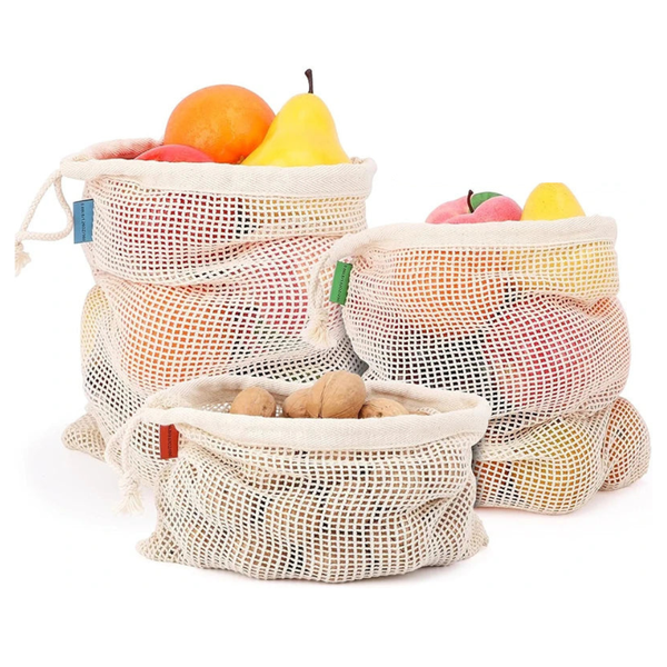 Cotton Mesh Produce Bag Set from Arbora Casa with multiple lightweight, breathable reusable bags for fresh fruits and vegetables.