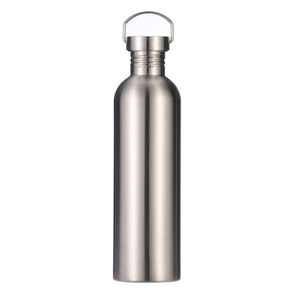 Stainless steel Arbora Casa water bottle with a sleek design and screw-on lid, standing upright on a white background.