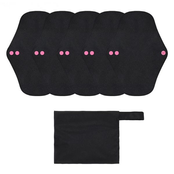 Reusable menstrual pad set by Arbora Casa, showing soft, absorbent fabric pads with adjustable snaps for eco-friendly period protection.
