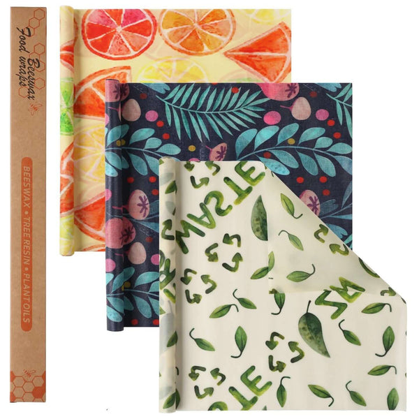 Arbora Casa reusable beeswax wrap roll with colorful patterned fabric and beeswax coating for eco-friendly food storage.