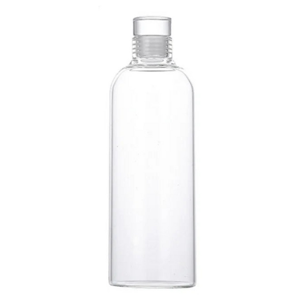 Arbora Casa multi-function glass water bottle with stainless steel lid, reusable design, and measurement markings on clear glass