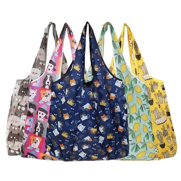Folding reusable shopping bag by Arbora Casa, compact and eco-friendly with colorful design, shown partially unfolded.