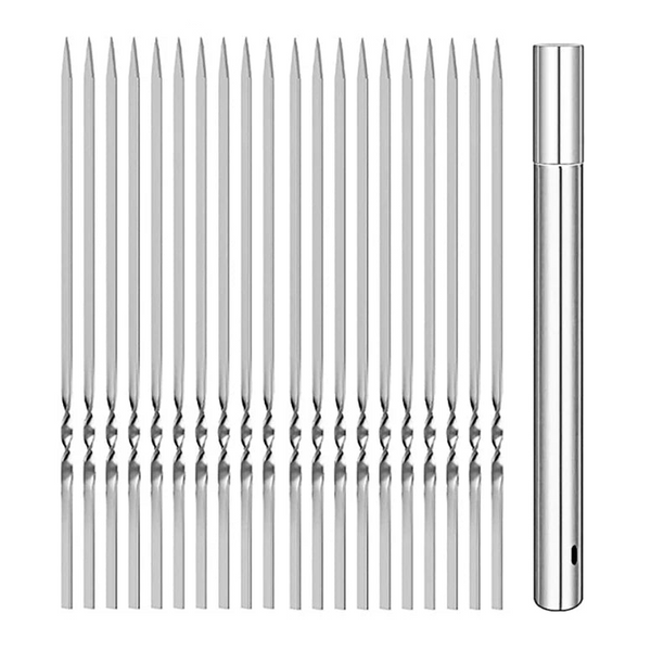 Arbora Casa stainless steel barbecue skewer set with multiple skewers and wooden handles for grilling and grilling accessories.
