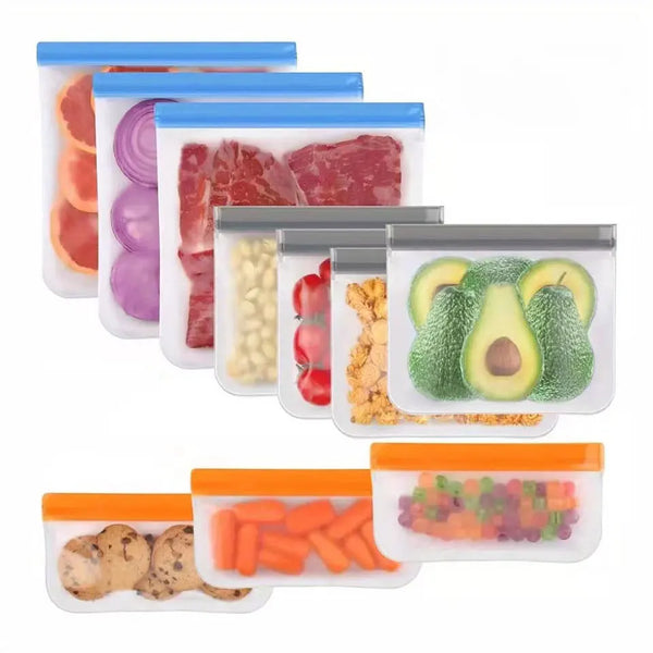 Set of silicone food sealed bags by Arbora Casa, showing airtight, reusable storage bags with colorful seals and transparent bodies.