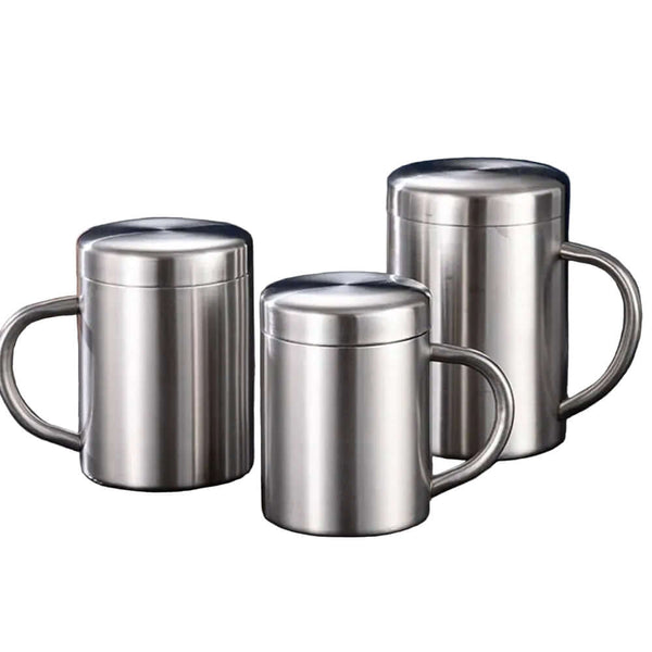 Stainless steel thermal mug by Arbora Casa with a sleek design, insulated body, and spill-proof lid for hot and cold beverages.