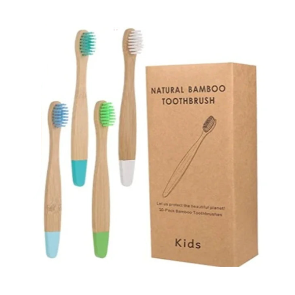 Set of four children’s bamboo toothbrushes by Arbora Casa with colorful handles and soft bristles for gentle oral care.