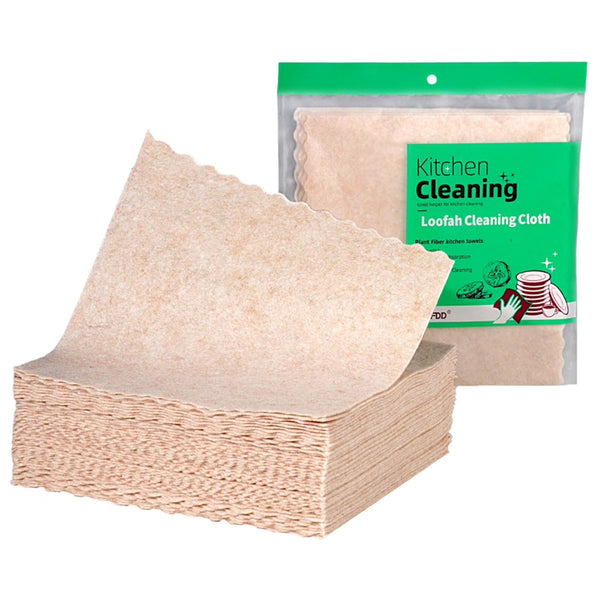 Set of 10 natural loofah dishcloths from Arbora Casa, showing textured, eco-friendly cleaning sponges for kitchen use.